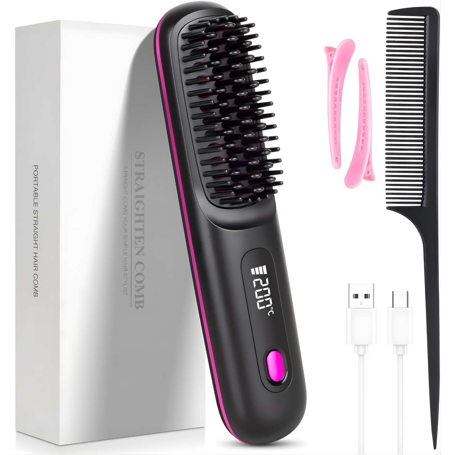 Perie Electrica de Indreptat Parul Wireless, 3000mAh, Incarcare USB-C, Portabila