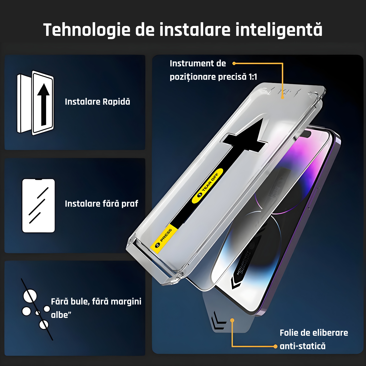 Folie Sticlă iPhone, 9H, Transparentă, cu Dispozitiv de Aliniere